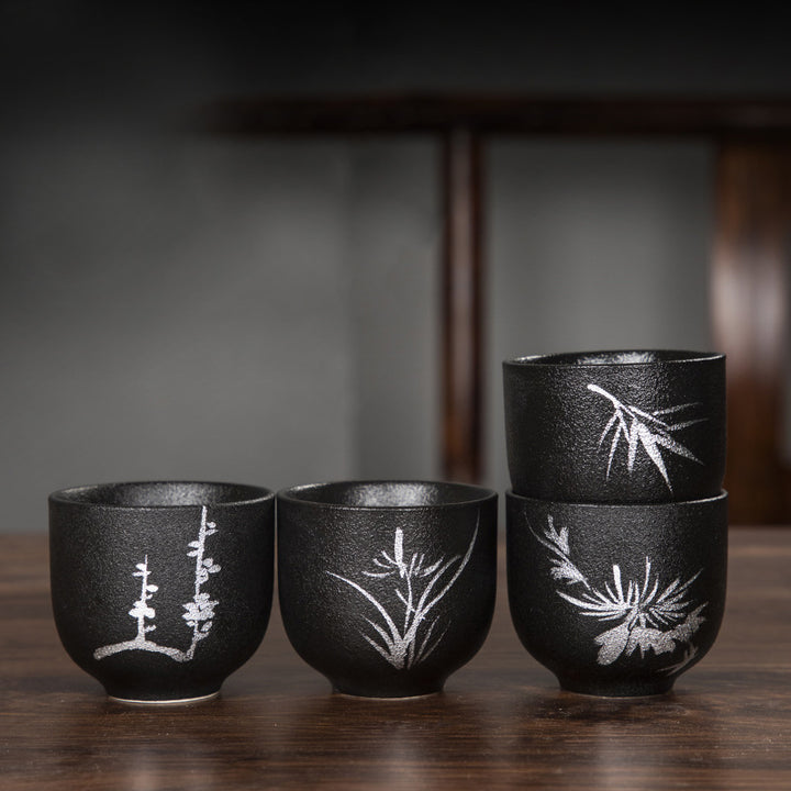 Buddha Stones手描き蓮の花竹菊黒陶器セラミックティーカップカンフーティーカップ95ml
