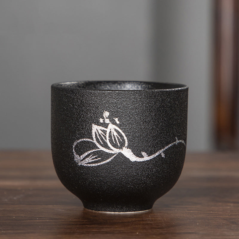 Buddha Stones手描き蓮の花竹菊黒陶器セラミックティーカップカンフーティーカップ95ml