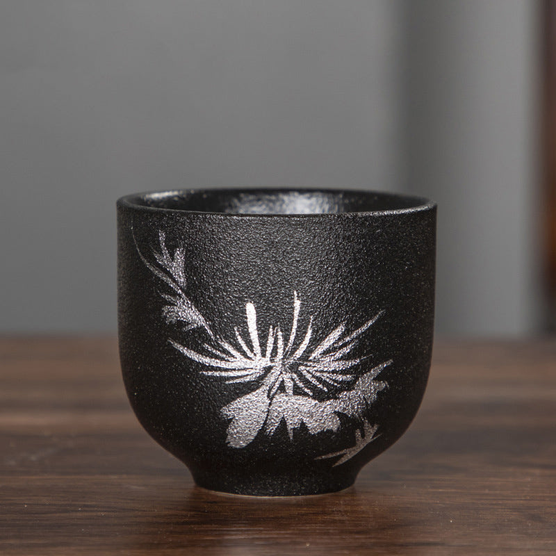 Buddha Stones手描き蓮の花竹菊黒陶器セラミックティーカップカンフーティーカップ95ml