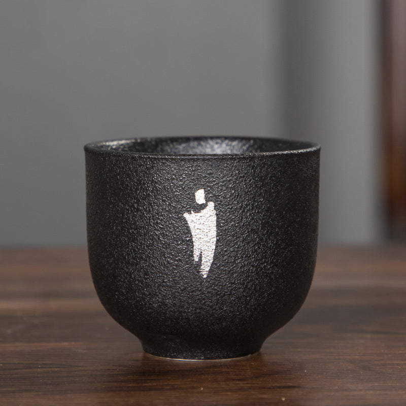 Buddha Stones手描き蓮の花竹菊黒陶器セラミックティーカップカンフーティーカップ95ml