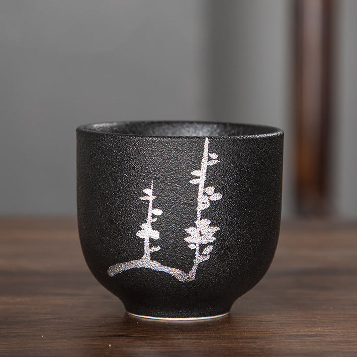 Buddha Stones手描き蓮の花竹菊黒陶器セラミックティーカップカンフーティーカップ95ml