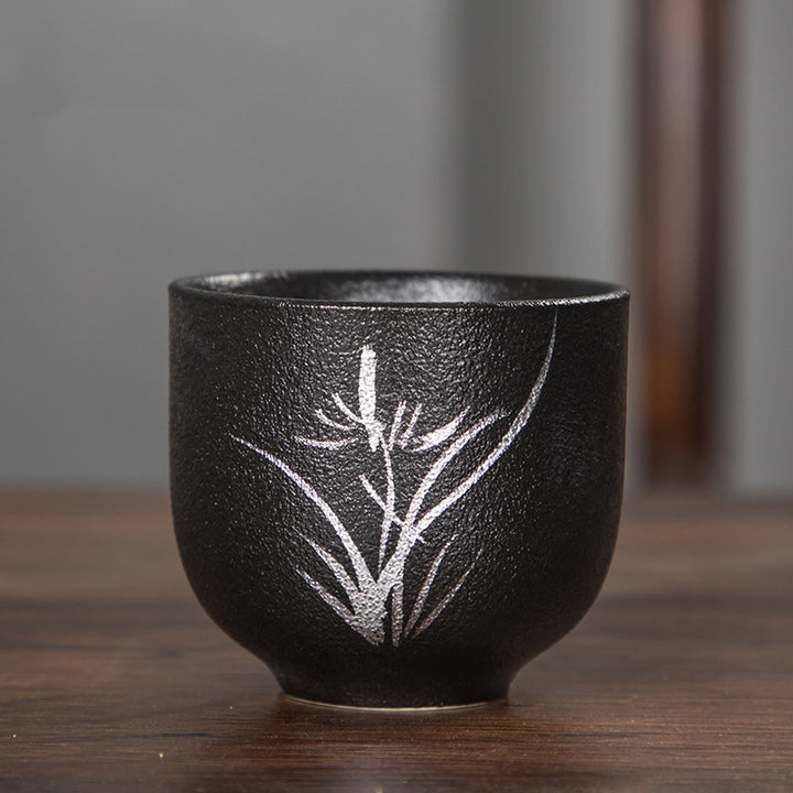 Buddha Stones手描き蓮の花竹菊黒陶器セラミックティーカップカンフーティーカップ95ml