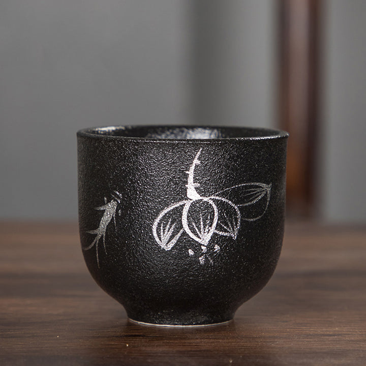 Buddha Stones手描き蓮の花竹菊黒陶器セラミックティーカップカンフーティーカップ95ml