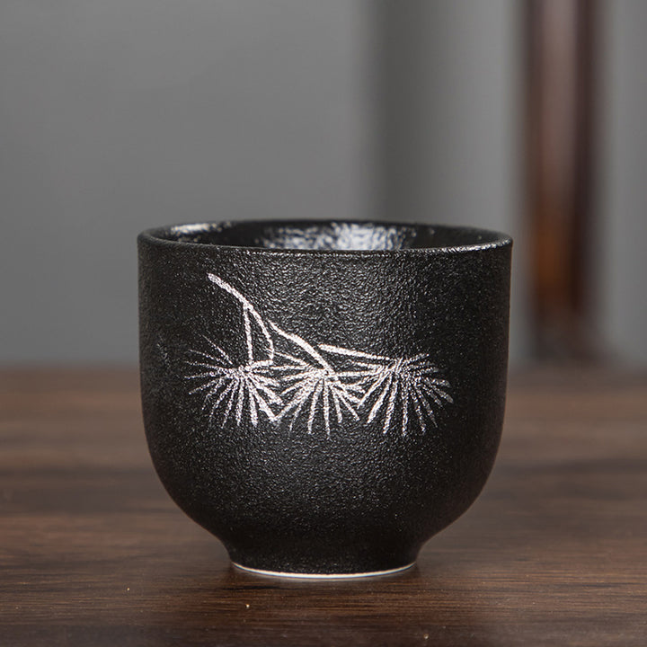 Buddha Stones手描き蓮の花竹菊黒陶器セラミックティーカップカンフーティーカップ95ml