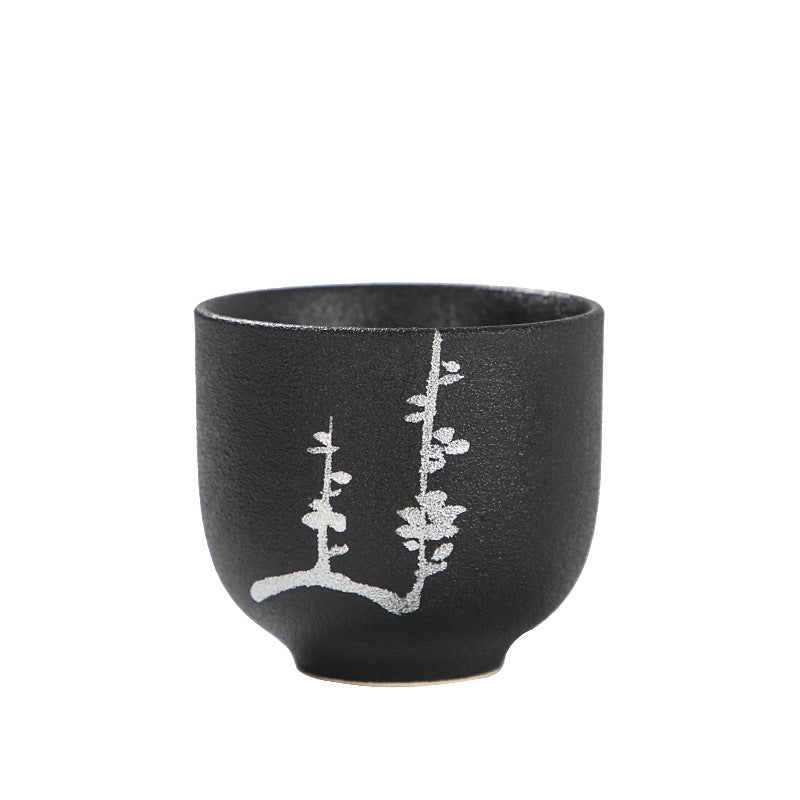 Buddha Stones手描き蓮の花竹菊黒陶器セラミックティーカップカンフーティーカップ95ml