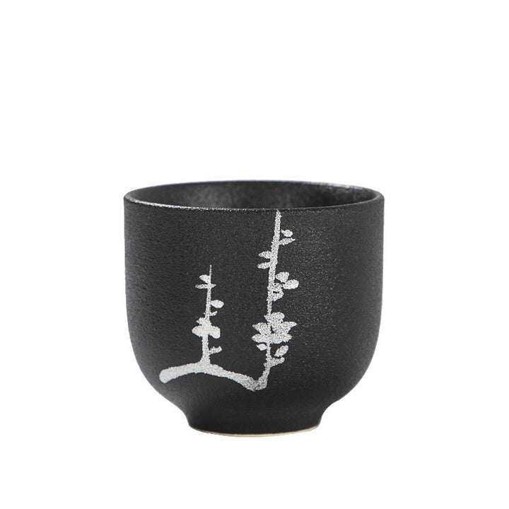 Buddha Stones手描き蓮の花竹菊黒陶器セラミックティーカップカンフーティーカップ95ml