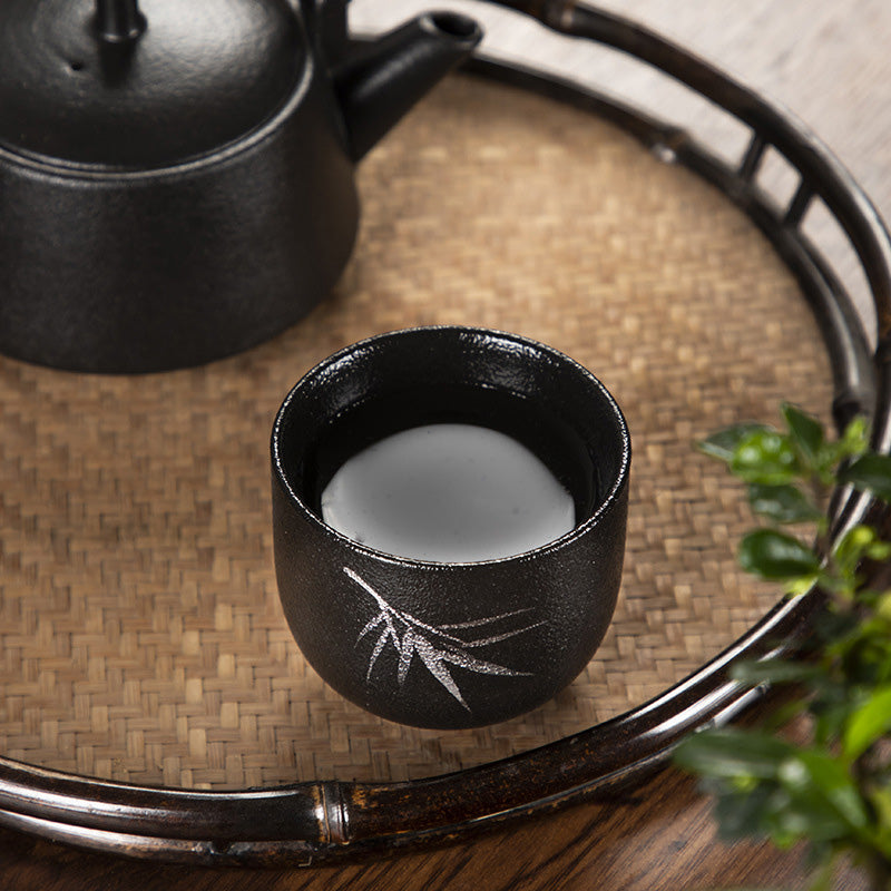 Buddha Stones手描き蓮の花竹菊黒陶器セラミックティーカップカンフーティーカップ95ml