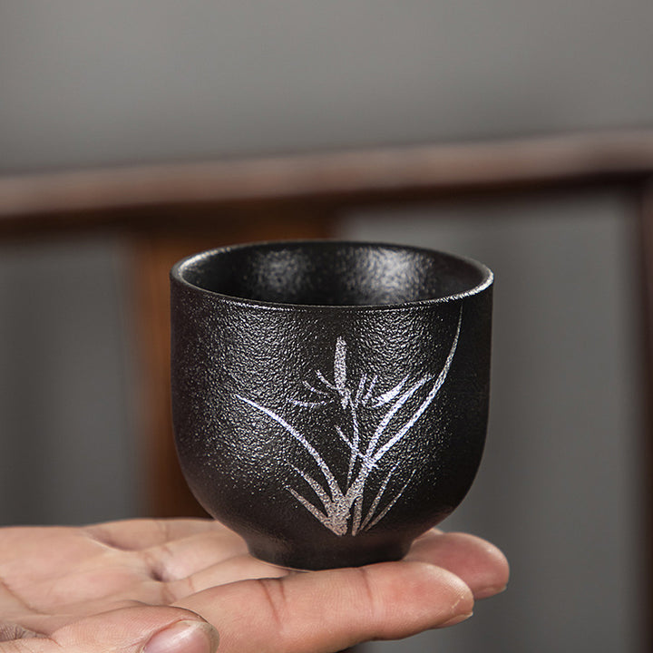 Buddha Stones手描き蓮の花竹菊黒陶器セラミックティーカップカンフーティーカップ95ml