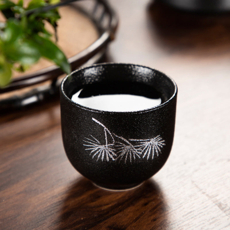 Buddha Stones手描き蓮の花竹菊黒陶器セラミックティーカップカンフーティーカップ95ml