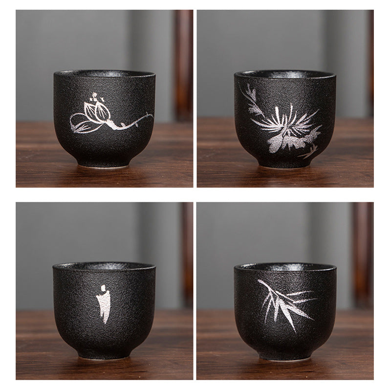 Buddha Stones手描き蓮の花竹菊黒陶器セラミックティーカップカンフーティーカップ95ml