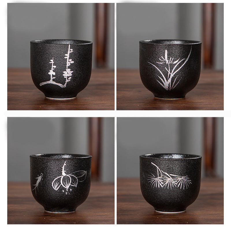 Buddha Stones手描き蓮の花竹菊黒陶器セラミックティーカップカンフーティーカップ95ml