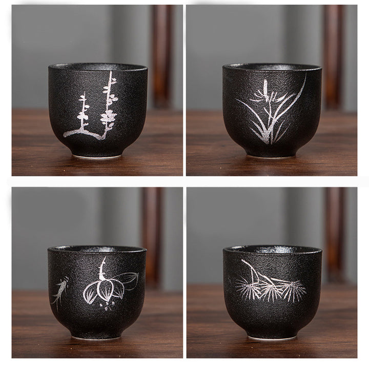 Buddha Stones手描き蓮の花竹菊黒陶器セラミックティーカップカンフーティーカップ95ml
