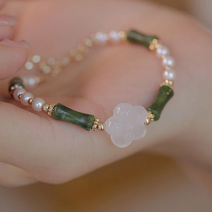 Buddha Stonesペリドット竹花瑪瑙真珠平和ブレスレット