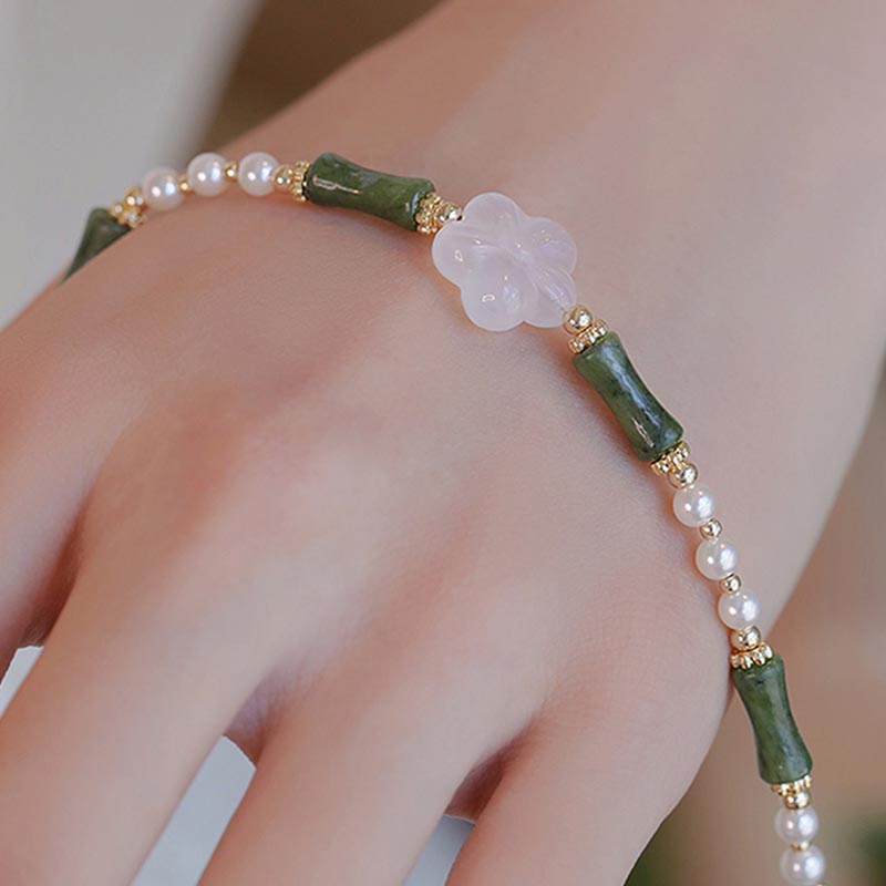 Buddha Stonesペリドット竹花瑪瑙真珠平和ブレスレット