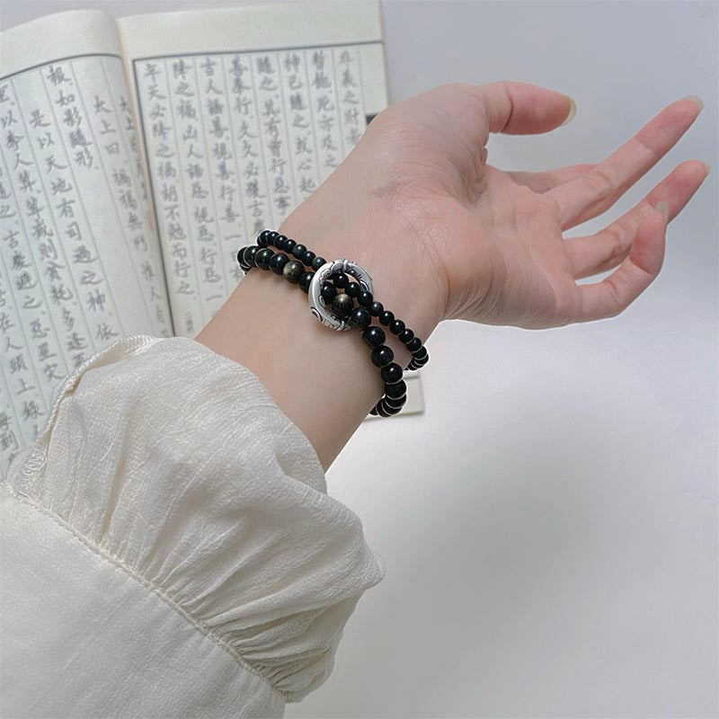 Buddha Stones999スターリングシルバー ブラックオブシディアン フルフィルメント 強度 二重層ブレスレット