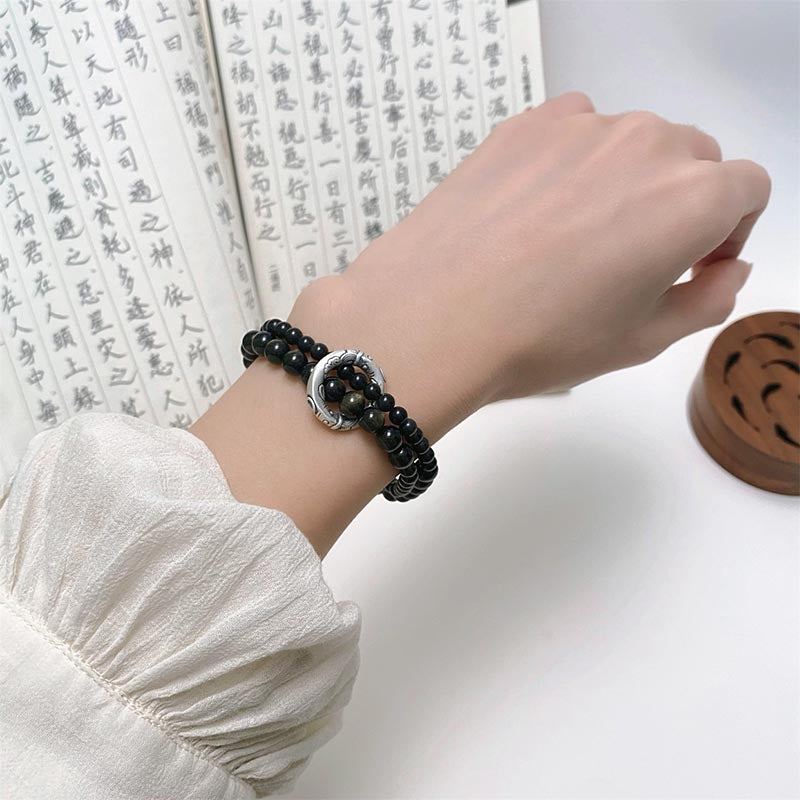 Buddha Stones999スターリングシルバー ブラックオブシディアン フルフィルメント 強度 二重層ブレスレット