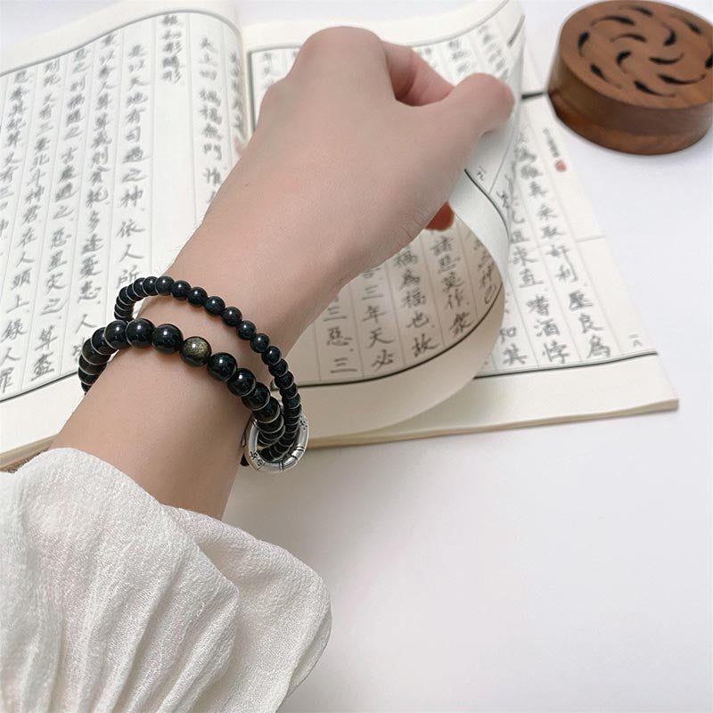 Buddha Stones999スターリングシルバー ブラックオブシディアン フルフィルメント 強度 二重層ブレスレット