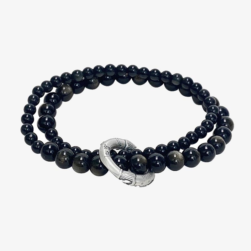 Buddha Stones999スターリングシルバー ブラックオブシディアン フルフィルメント 強度 二重層ブレスレット