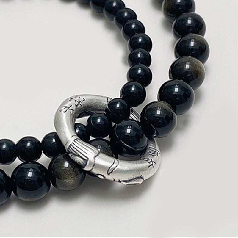 Buddha Stones999スターリングシルバー ブラックオブシディアン フルフィルメント 強度 二重層ブレスレット