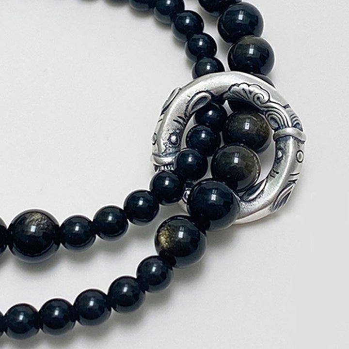 Buddha Stones999スターリングシルバー ブラックオブシディアン フルフィルメント 強度 二重層ブレスレット