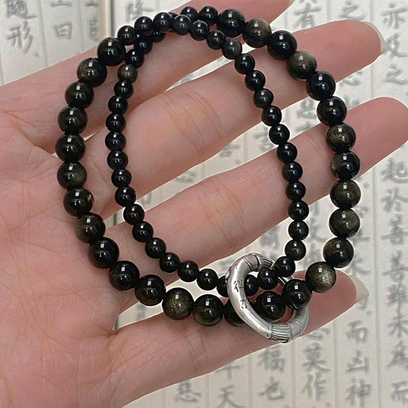 Buddha Stones999スターリングシルバー ブラックオブシディアン フルフィルメント 強度 二重層ブレスレット