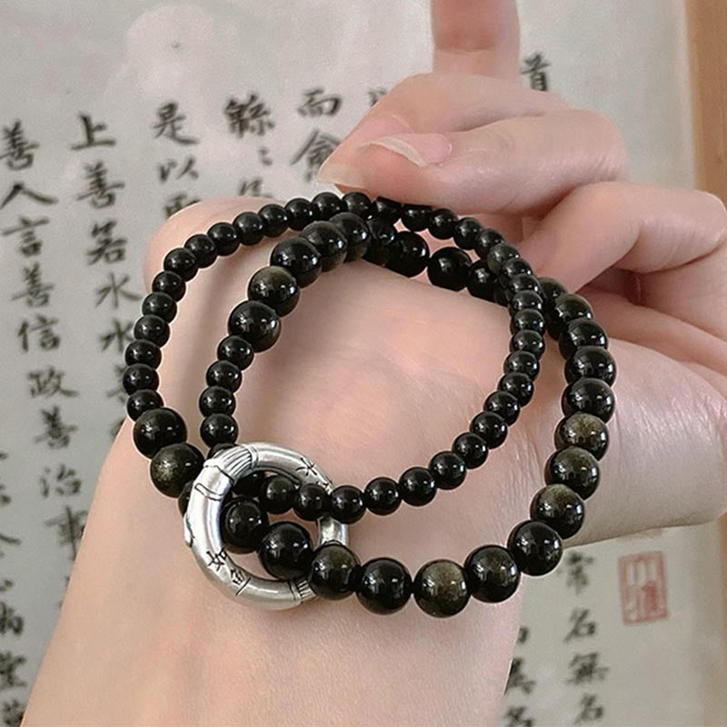 Buddha Stones999スターリングシルバー ブラックオブシディアン フルフィルメント 強度 二重層ブレスレット