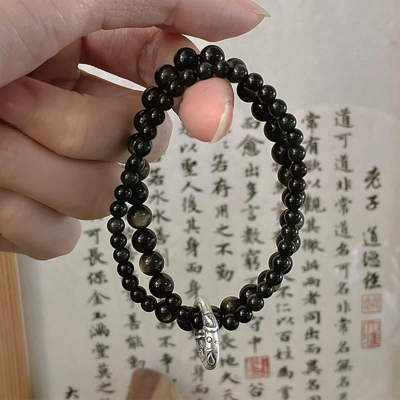 Buddha Stones999スターリングシルバー ブラックオブシディアン フルフィルメント 強度 二重層ブレスレット