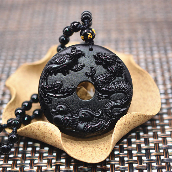 Buddha Stones黒曜石 龍 鳳凰 鴛鴦 幸運 守護 ネックレス ペンダント