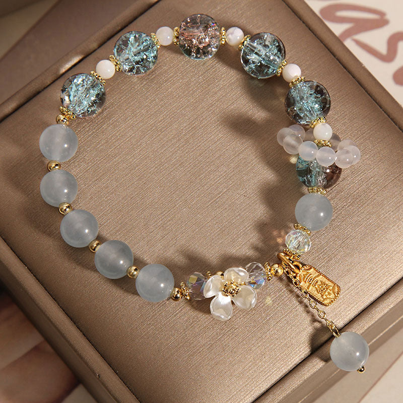 Buddha Stones 天然ブルークォーツ＆アメジスト＆カルセドニーフラワーモチーフ ヒーリングブレスレット