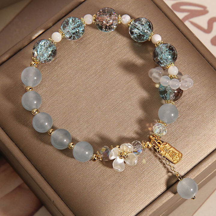 Buddha Stones 天然ブルークォーツ＆アメジスト＆カルセドニーフラワーモチーフ ヒーリングブレスレット