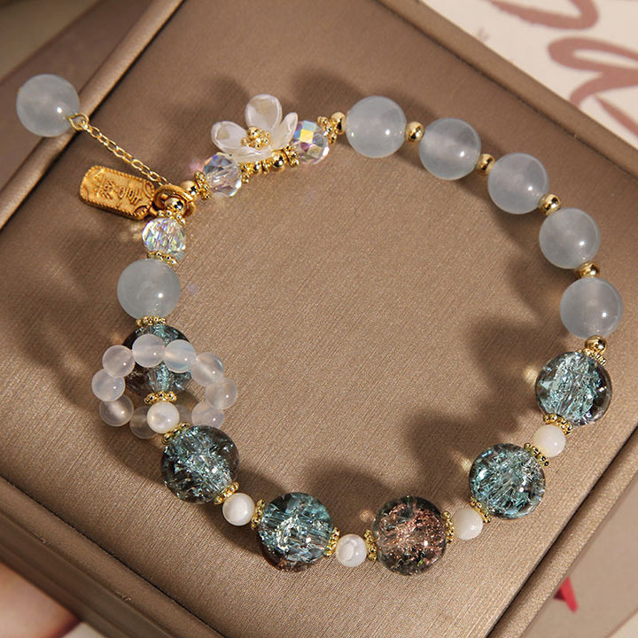 Buddha Stones 天然ブルークォーツ＆アメジスト＆カルセドニーフラワーモチーフ ヒーリングブレスレット