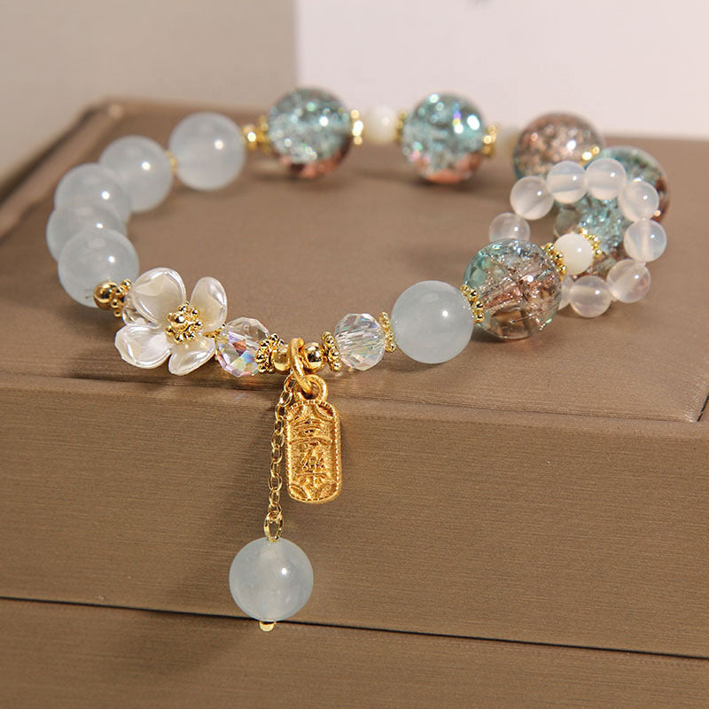 Buddha Stones 天然ブルークォーツ＆アメジスト＆カルセドニーフラワーモチーフ ヒーリングブレスレット