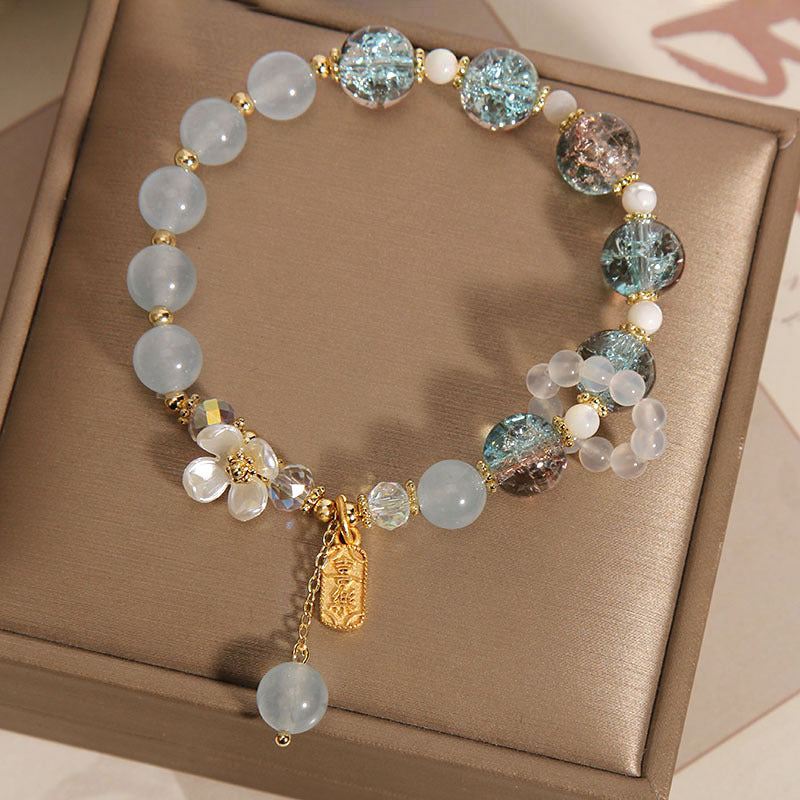 Buddha Stones 天然ブルークォーツ＆アメジスト＆カルセドニーフラワーモチーフ ヒーリングブレスレット