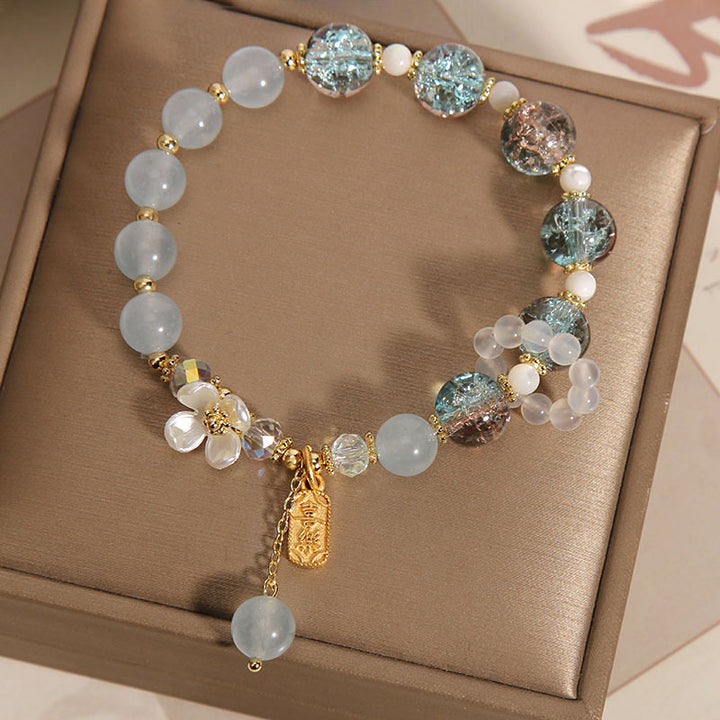 Buddha Stones 天然ブルークォーツ＆アメジスト＆カルセドニーフラワーモチーフ ヒーリングブレスレット