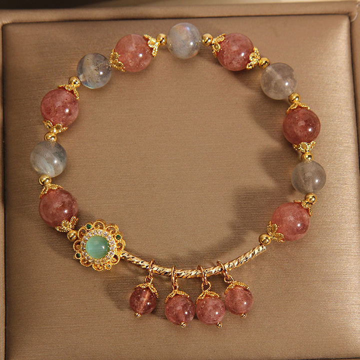 Buddha Stonesストロベリークォーツ ムーンストーン ヒーリングタッセルチャームブレスレット