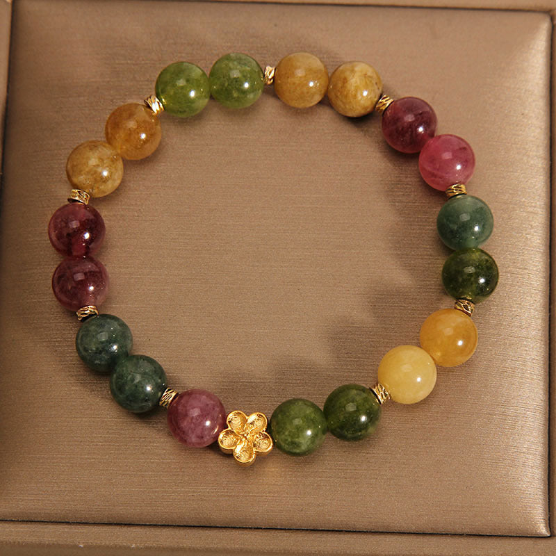 Buddha Stones天然カラフルトルマリン ゴールデンフラワー ポジティブブレスレット