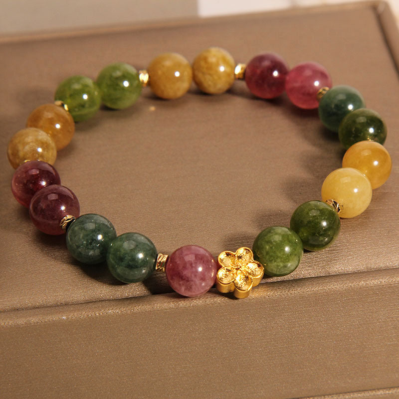 Buddha Stones天然カラフルトルマリン ゴールデンフラワー ポジティブブレスレット