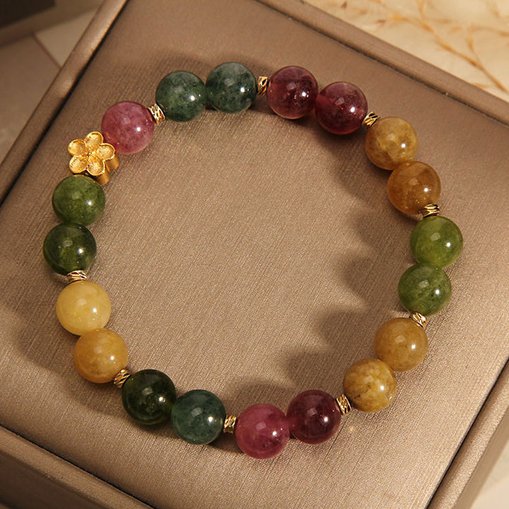 Buddha Stones天然カラフルトルマリン ゴールデンフラワー ポジティブブレスレット