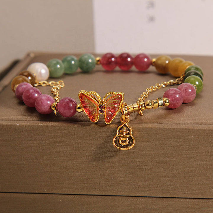 Buddha Stones天然 カラフル トルマリン 蝶 縁起物 ひょうたん チャーム ポジティブブレスレット