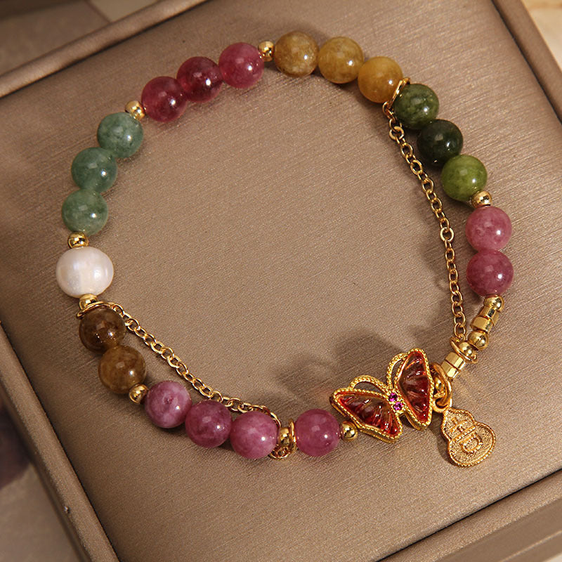 Buddha Stones天然 カラフル トルマリン 蝶 縁起物 ひょうたん チャーム ポジティブブレスレット