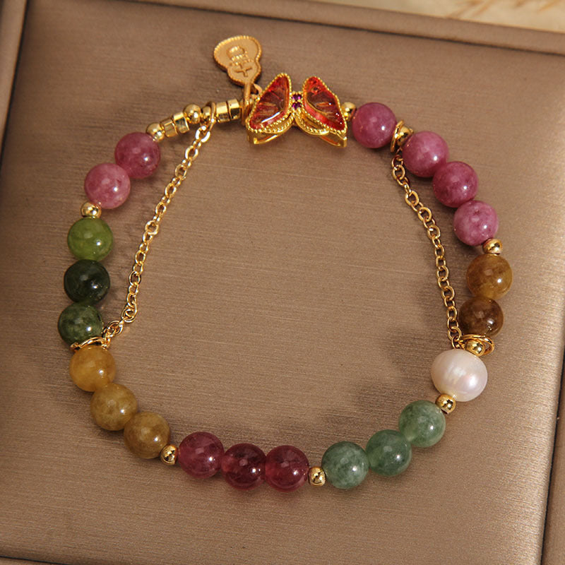 Buddha Stones天然 カラフル トルマリン 蝶 縁起物 ひょうたん チャーム ポジティブブレスレット
