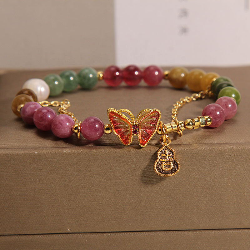 Buddha Stones天然 カラフル トルマリン 蝶 縁起物 ひょうたん チャーム ポジティブブレスレット
