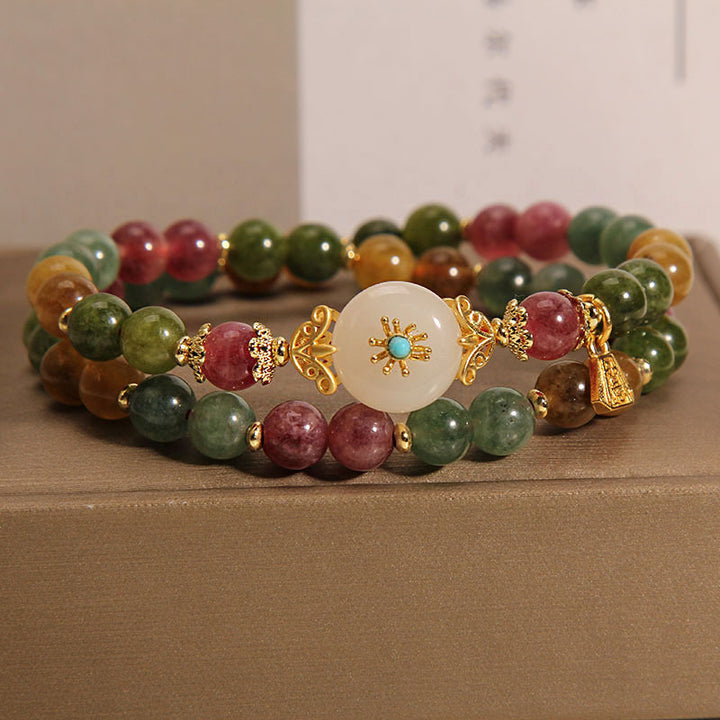 Buddha Stones天然マルチカラートルマリン ポジティブジェイドフラワー ダブルラップブレスレット