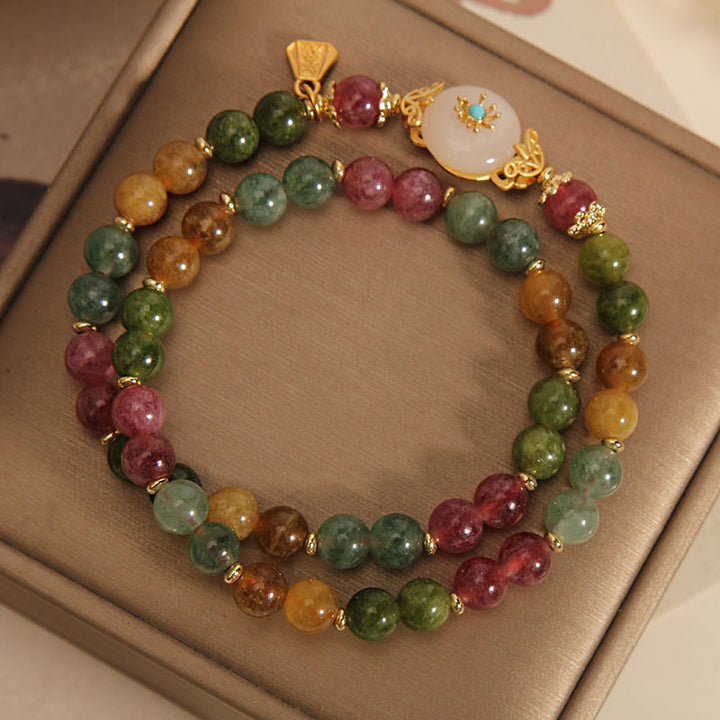 Buddha Stones天然マルチカラートルマリン ポジティブジェイドフラワー ダブルラップブレスレット