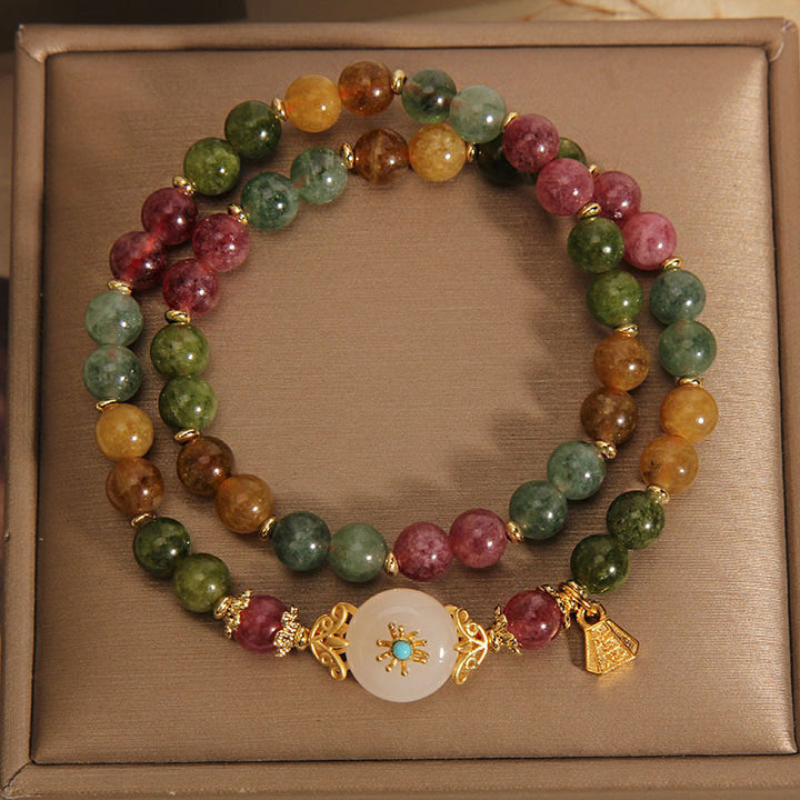 Buddha Stones天然マルチカラートルマリン ポジティブジェイドフラワー ダブルラップブレスレット