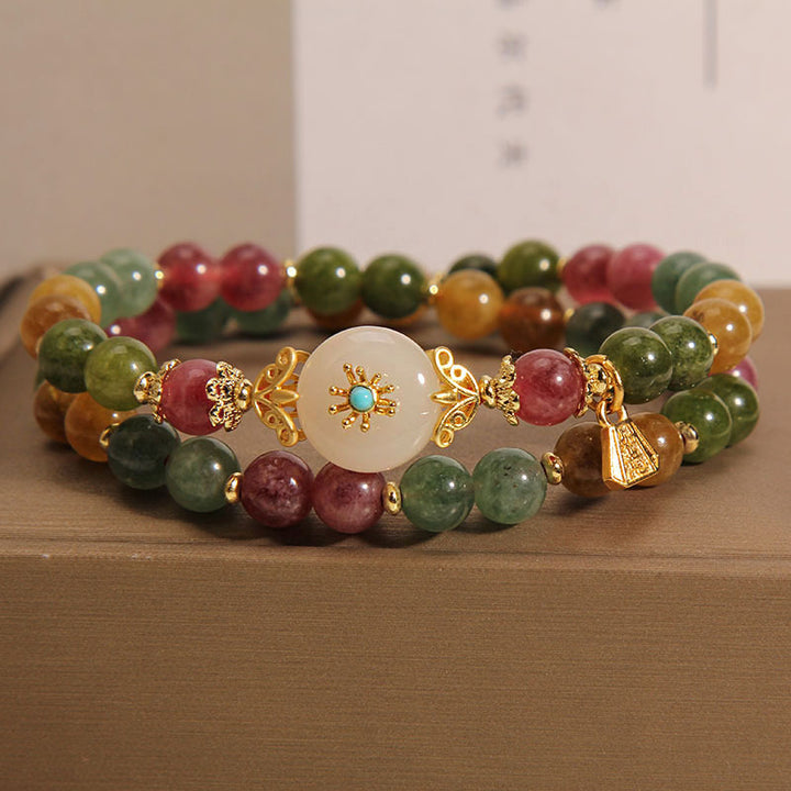 Buddha Stones天然マルチカラートルマリン ポジティブジェイドフラワー ダブルラップブレスレット