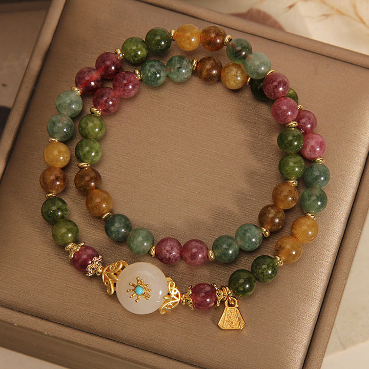 Buddha Stones天然マルチカラートルマリン ポジティブジェイドフラワー ダブルラップブレスレット