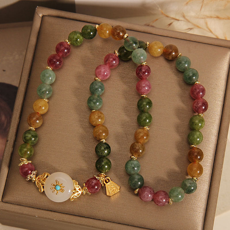 Buddha Stones天然マルチカラートルマリン ポジティブジェイドフラワー ダブルラップブレスレット