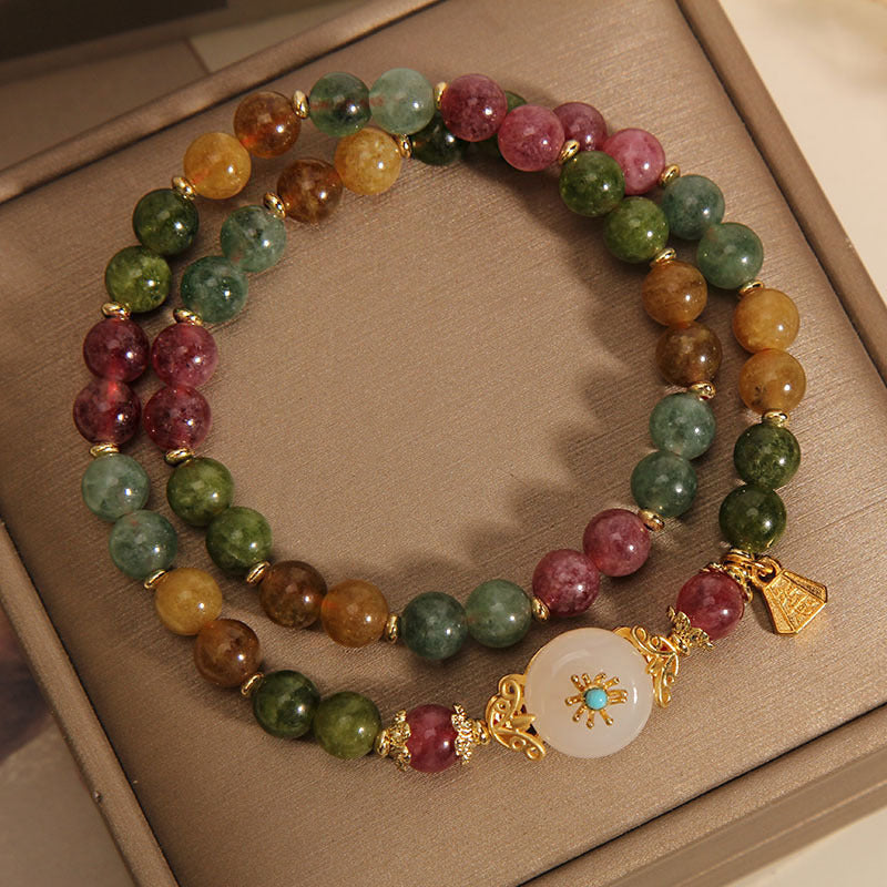 Buddha Stones天然マルチカラートルマリン ポジティブジェイドフラワー ダブルラップブレスレット