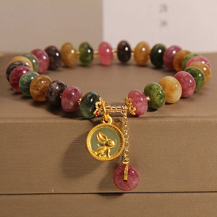 Buddha Stones天然カラフルトルマリンかわいいウサギチャームポジティブブレスレット